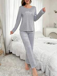 Gray Printed Long Sleeve Top & Pants Pajama Set For Women, Fall Winter Clothes - Grey - View 5