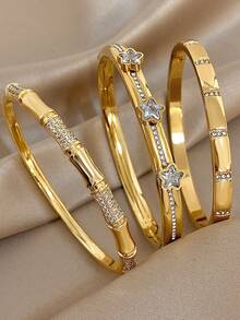 18K 镀金不锈钢奢华竹星手镯套装，适合女士，甜美钻石切割浪漫珠宝妈妈礼物圣诞节感恩节万圣节婚礼珠宝周年纪念情人节波西米亚珠宝日常派对礼物 - 彩色 - 查看 1