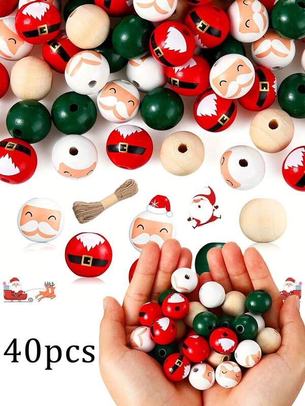 40 Pieces Of Christmas Decorative Hanging Bamboo Beads, Round Beads, Diy Handicrafts, Decorations, Christmas Bead Ornaments, Festival Decorations, Christmas Decorations, Santa Claus Pendants, Christmas Gift Room Decor