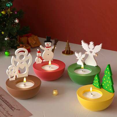 2pcs Set DIY Christmas Round Plaster Candle Cup Decor, Christmas Tree & Snowman Insert Plate Base Silicone Mold, Suitable For Candlestick Making