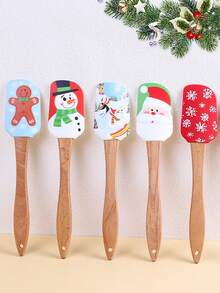 6 Stücke Festliche Weihnachtsthemen Holzgriff Silikon Spatel - Cartoon Weihnachtsmann, Schneemann, Schneeflocken, Lebkuchenmann Muster, zum Backen, Kochen & Feiertags-Feiern (Geburtstag, Valentinstag, Erntedank, Weihnachten)