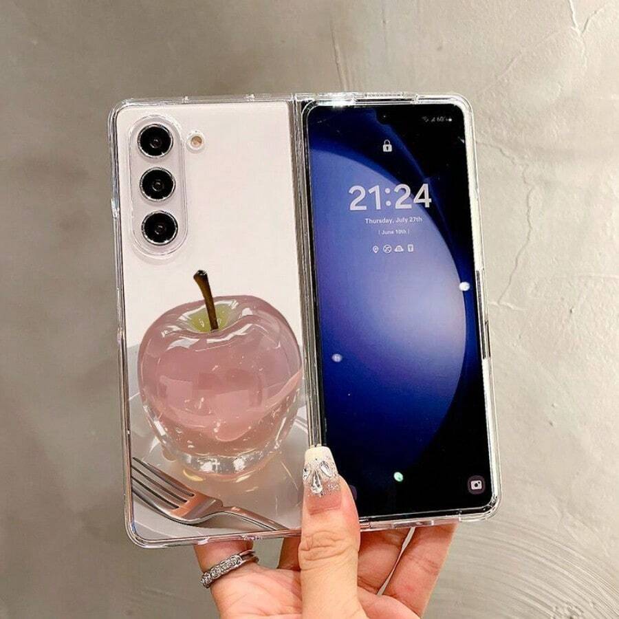 Transparent Folding Phone Case With Crystal Pink Apple Print Pattern Design Compatible With Sam Galaxy Z Flip Fold 3 4 5 6 7 Fold Case Design For Moto Razr 40 50 60 Ultra Cute Phone Case For Girl And Women - 無色 - 查看 1