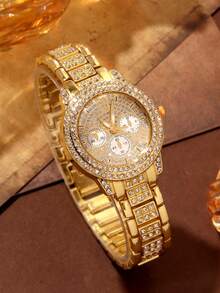 2pcs Set Elegant Crystal Quartz Watch & Heart-Shaped Diamond Bracelet, Fashion, Minimalist, Luxury Women's Watch Set, Suitable For Holidays, Parties, Weddings, Gatherings, And Daily Wear, Best Gift For Women - Gold - View 3