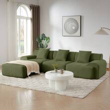 113" Modern L-Shaped Modular Sectional Sofa For Living Room, Corduroy Upholstery Beige, Oversized 3-Seater Couch With Deep Seat And Movable Ottoman – No Assembly - 綠色+燈芯絨+3座 - 查看 3