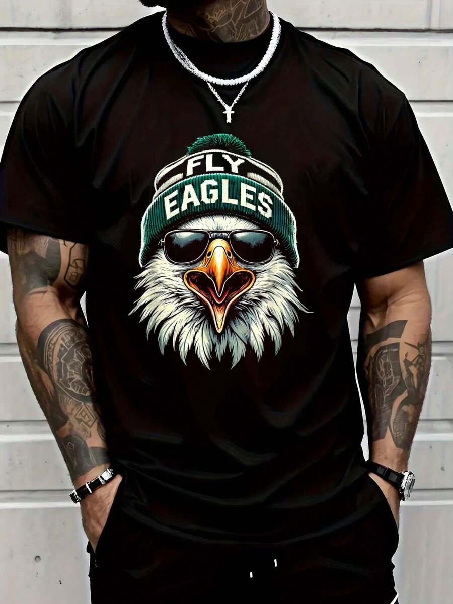 Men's Vintage Eagle Graphic T-Shirt With Fashion Glasses - 100% Cotton, Casual Crew Neck, Short Sleeve, Lightweight & Breathable, Fly Eagles Design, Perfect Gift For Eagle Enthusiasts, Si.Jpg - màu đen - Xem 1