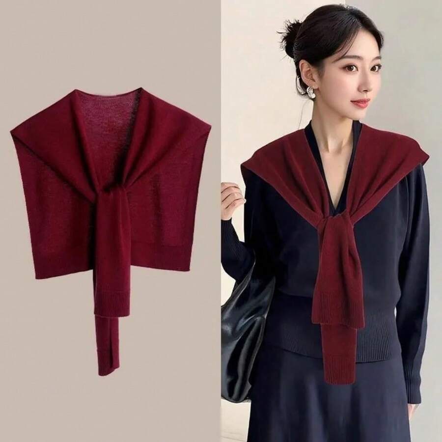 1pc Knitted Shawl Women's Outer Wear With Skirt, High-End Fashion, Foreign Style And Versatile Small Shoulder For Dress - Angola Red - View 1