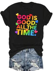 Camiseta "Dios es bueno" para mujer y unisex, de verano, casual, transpirable, con personalidad, cuello redondo, manga corta, ropa de calle, versátil, adecuada para adolescentes y adultos - Negro - Ver 1