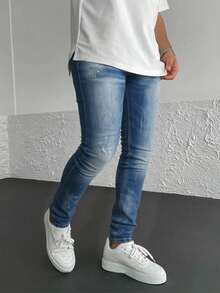 Pantalones vaqueros azules con rotos y efecto envejecido, tiro alto y corte entallado, estilo moderno y casual - Lavado ligero - Ver 2