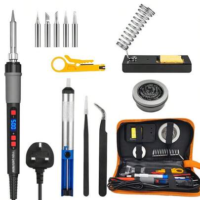 Ilibilib 90W 110V-240V 电烙铁焊枪工具套装，含 1 个除焊泵、5 个可更换烙铁头、2 个镊子、1 个除焊球、1 个支架、1 个海绵、1 个剥线钳和 1 个便携皮包