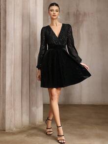 D&M 女士优雅奢华亮片拼接天鹅绒金属 V 领长袖喇叭形派对连衣裙，时尚服装适合日常和特殊场合，非常适合晚间约会 - 黑色 - 查看 4