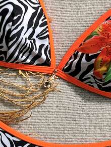 1 套女式斑马花卉印花吊带比基尼泳装，两件套露背系带时尚休闲沙滩泳装 - 橘色 - 查看 5