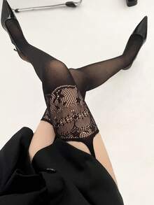 1 Pair Suspender Style Hollow Fishnet Stockings Solid Color Lace Woven Anti-Snagging Fishnet Stockings Bottoming Pants