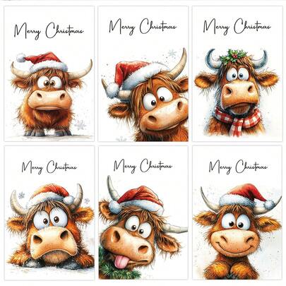 12 Pcs Watercolor Highland Cow Greeting Cards With Envelopes, Christmas Cards With Cute Cow Designs For Birthdays, Weddings, Xmas, New Year, Adorable Expressive Animal Faces For Cozy Holiday Invitations & Thank You Notes, Family Greetings, Friends Gifts