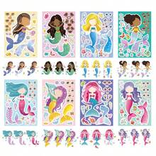 8/16/24/32 hojas Haz pegatinas de caras para niños, 8 diseños diferentes de sirena de dibujos animados Pegatinas para suministros de fiesta de cumpleaños de niños Manualidades