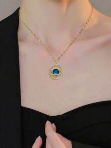 1pc Stainless Steel Ladies Necklace With Moon Shape Pendant Decorated With Starry Sky Stone And Rhinestone {Necklace Box Not Included} - 金子 - 查看 2