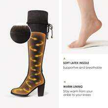Women Chunky Heel Soft Faux Fur Over The Knee High Boots Elastic Suede Leather Sock Boots For Autumn Winter Wearing - 卡其色 - 查看 5
