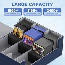 Trading Card Storage Box, Leather Storage Box With Strong Closure, Card Box With 10 Dividers And 3 Foam Stoppers, Commander Deck Box Fit And Sport Cards, Storage, Small Box,Christmas Card Gift - Blue-gray - View 2