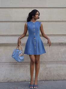Mima John 女式牛仔无袖休闲修身迷你连衣裙，蓝色，7 月 4 日服装，毕业礼服，毕业服装，女士优雅服装，女士巡航服装，女士早午餐服装，女士毕业礼服，旧钱 - 中等水洗藍 - 查看 2