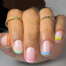 Pink Press On Nails Short Square Fake Nails Press Ons Colorful French Tip False Nails With Rainbow Design Glue On Nails Glossy Full Cover Stick On Nails Cute Acrylic Nails For Women Manicure 24Pcs - 豐富多彩的 - 查看 1