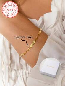 A Custom-Made 925 Silver Bracelet With A Minimalist Rectangular Nameplate And A Paperclip Chain, Capable Of Engraving 1-3 English Names. This Creative And Surprising Gift Is Perfect For Loved Ones, Friends, And Family. It Makes An Excellent Gift For Mother's Day, Valentine's Day, Birthdays, Anniversaries, Graduations, And Christmas. - Yellow Gold - View 2