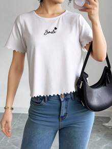 Blusa dama mujer estampado letras manga corta cuello redondo acaracolado fresco casual cómoda primavera verano diario días relajados salidas vacaciones calle - Blanco - Ver 1