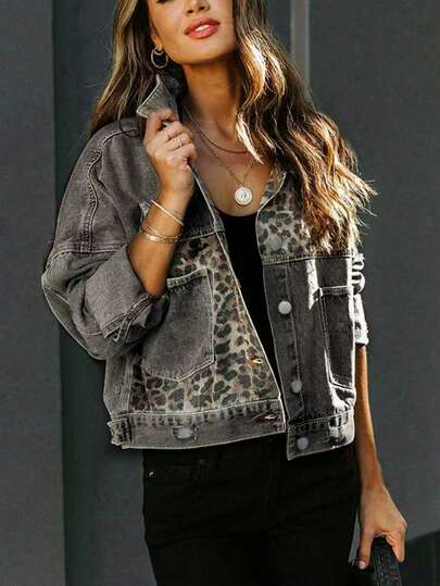 Women's Long Sleeve Denim Jacket, Leopard Print Patchwork Design