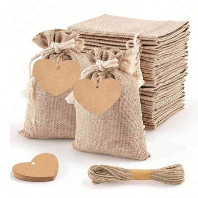 3/15/60Pcs High Quality Linen Gift Bag, Equipped With Drawstring And Heart-Shaped Design Gift Tags And Ropes, Measuring 4x6 Inches, Reusable Gift Bag Suitable For Weddings, Parties, Birthdays, And Candy Packaging Bags For Christmas, Thanksgiving, Teacher's Day, And New Year.