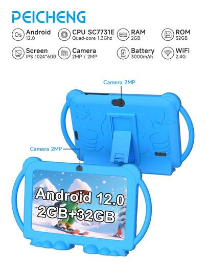 Android 12 Kids Tablet, 7 Inch Tablet For Kids, 2GB RAM 32GB ROM Toddler Tableta With Case, SC7731E 4-Core 1.3Ghz/2.4G WiFi/BT/1024x600 IPS Display/GMS/Parental Control/3000mAh/2MP+2MP Camera/With Shockproof Case, For Educational, Games(No Adapter)