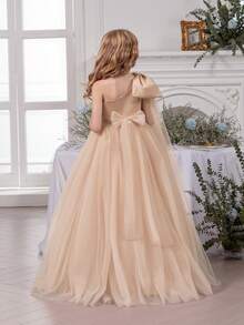 少女金色肩部网纱蝴蝶结优雅圣诞派对礼服，公主裙，适合女孩生日礼物、派对、婚礼花童、伴娘、感恩节、毕业典礼等场合