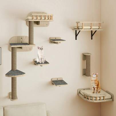 BALCONERA 7-Teiliges Holz-Katzenkletterwand-Set – Stabiler Katzenmöbel mit Kratzbäumen, Eckplattform, Treppensteigen & Katzenbett, Ideal für Katzen zum Schlafen, Spielen & Loungen