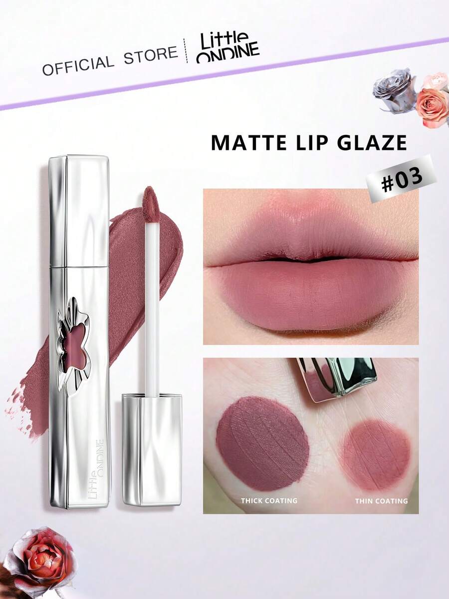 Little Ondine Matte Lip Gloss 03, Smooth & Glossy, Long-Lasting Color, True-To-Color, Magnetic Petal Cap Design, Great Gift, 2.4g/0.08oz