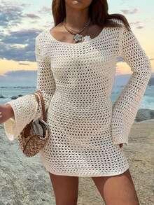 Vestido de punto transparente de unicolor, sexy y con espalda descubierta para playa y vacaciones, para primavera/verano - Crema - Ver 9