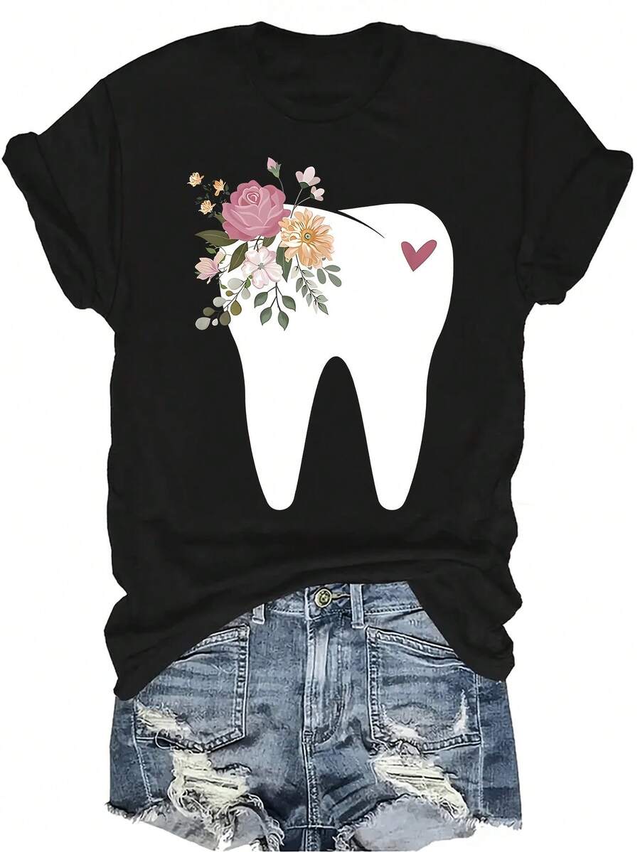 Camiseta con diseño de flor dental para dentistas, asistentes dentales e higienistas bucales, de estilo casual y transpirable, de cuello redondo y manga corta, adecuada para adolescentes y adultos - Negro - Ver 1