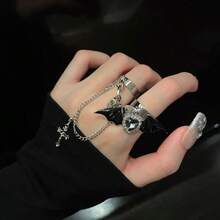 1pc Y2K Black Edgy Demon Wing Cross Ring, Niche Design Baddie Punk Goth Style New Full Finger Ring
