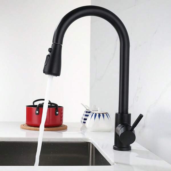 One Black Stainless Steel Three-Position Pull-Out Kitchen Faucet Basin Faucet Water Faucet For Cold And Hot Water In Kitchen Kitchen Faucet With Splash-Proof Function