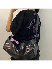 Sanrio 1 قطعة - حقيبة يد سعة كبيرة مزينة بشخصية هالو كيتي الكرتونية الكاواييي، حقيبة كتف لتخزين الألعاب، حقيبة تسوق للسفر كهدية (بعض الأجزاء قد تكون عشوائية)، حقيبة هالو كيتي الكرتونية الجميلة الكبيرة، حقيبة كتف، حقيبة عبر الجسم، جلد اصطناعي أسود، طراز قطة جميلة، حقيبة لياقة بدنية محمولة، حقيبة سفر عبر الجسم