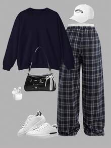 College Style Outfit From Europe And America, Tween Girls' 2-Piece Set With Bow-Tie Printed Sweatshirt And Plaid Trousers Casual Wear - Navy Blue - View 4
