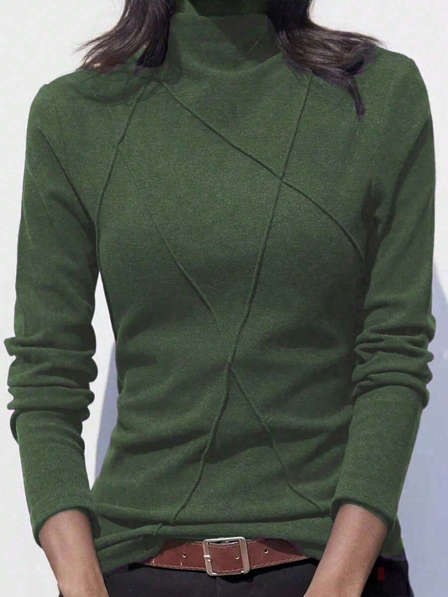 Plus Size Thermal Lined Turtleneck Pullover For Women, Autumn/Winter 2025 New Arrival, Thermal Fabric Patchwork Fishbone Design Base Layer Top - Army Green - View 1