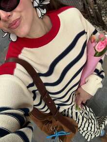 Damen gestreifter Kontrast-Farbe Lässig Pullover, warm und bequem für Pendeln und Straßenmode im Frühling/Herbst