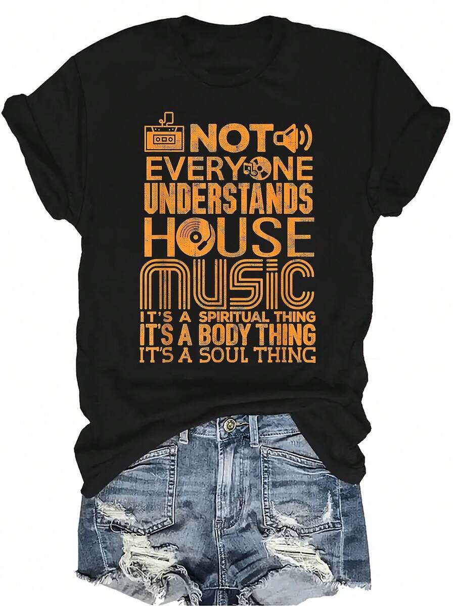 Camiseta de mujer amante de la música house, unisex, de verano, casual, transpirable, de personalidad, cuello redondo, manga corta, ropa de calle, versátil, adecuada para adolescentes y adultos - Negro - Ver 1