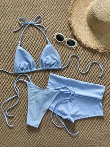 3pcs Light Blue Bikini Set, Elegant Casual Top Suitable For Work, Daily Wear, Valentine's Day, Outdoor Activities, Spring/Summer Student Season, Cute Girl's Outing Gift Swimwear With Faux Pearl Decor Vacation - Blue - View 5