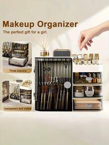 Makeup Storage Box And  Care Product Storage Box, A High-Capacity Cosmetic Storage Solution. Cosmetic Storage Cabinet With 3 Drawers And Mirrors, Cosmetic Display Case Bathroom Cosmetic Organizer, Table And Drawer Organizer For Home Storage - dark black - 查看 3