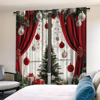 2pcs Christmas Luxury Pendant Patchwork Print Textile Home Decor Digital Print Faux Curtain, Pole Pocket Design For Easy Hanging, Privacy Protection Curtain, Suitable For Bedroom, Living Room, Kitchen, Study, Dining Room, Game Room, Essential Home Decor