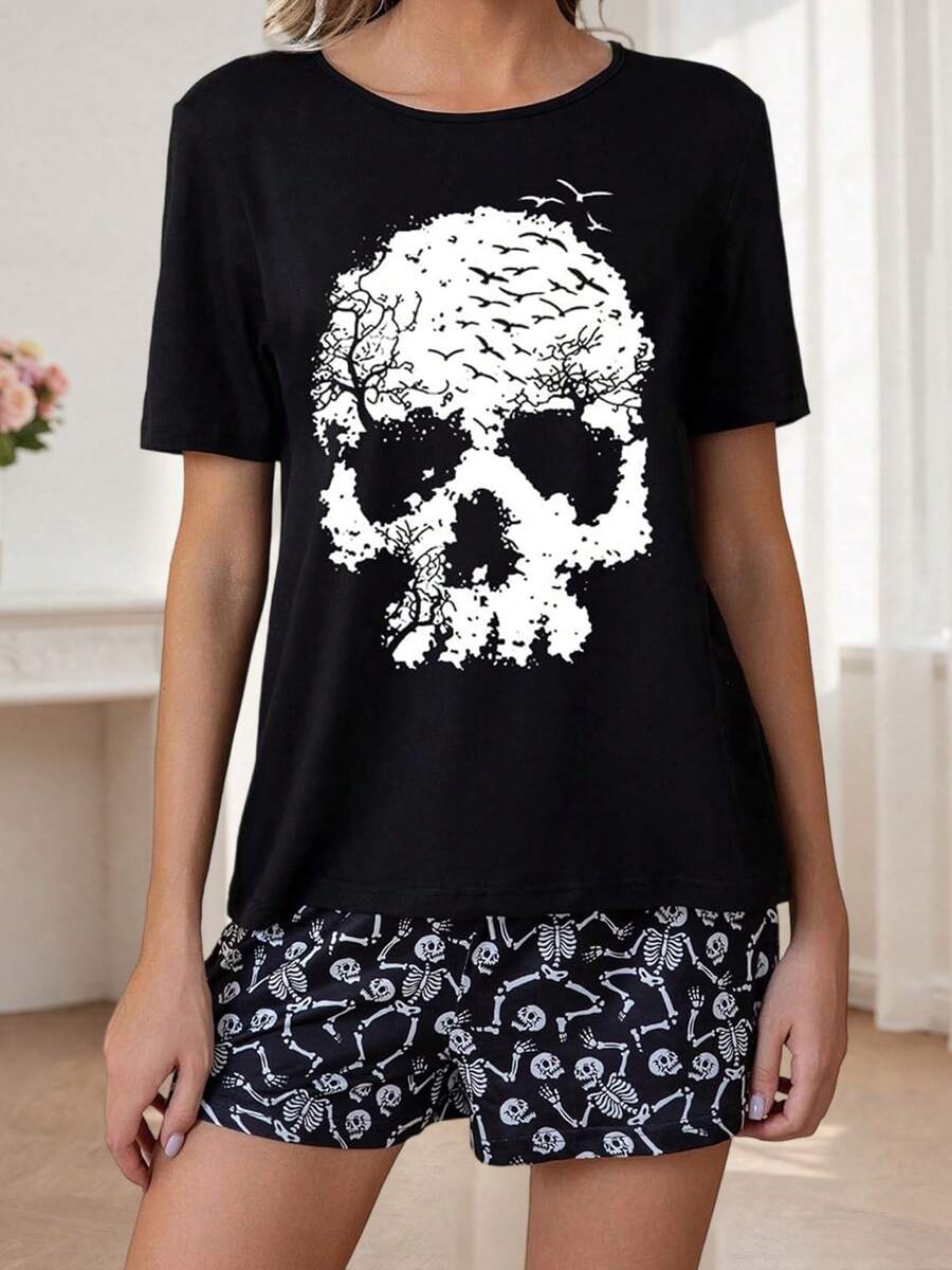 Womens 2 Piece Halloween Pajamas Set Cute Short Sleeve Graphic Print Tops + Shorts Set Lounge Clothes - Mixed Colors - View 1