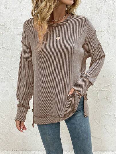 女士长袖衬衫，秋季罗纹宽松超大款卫衣，休闲侧开衩抽绳腰上衣