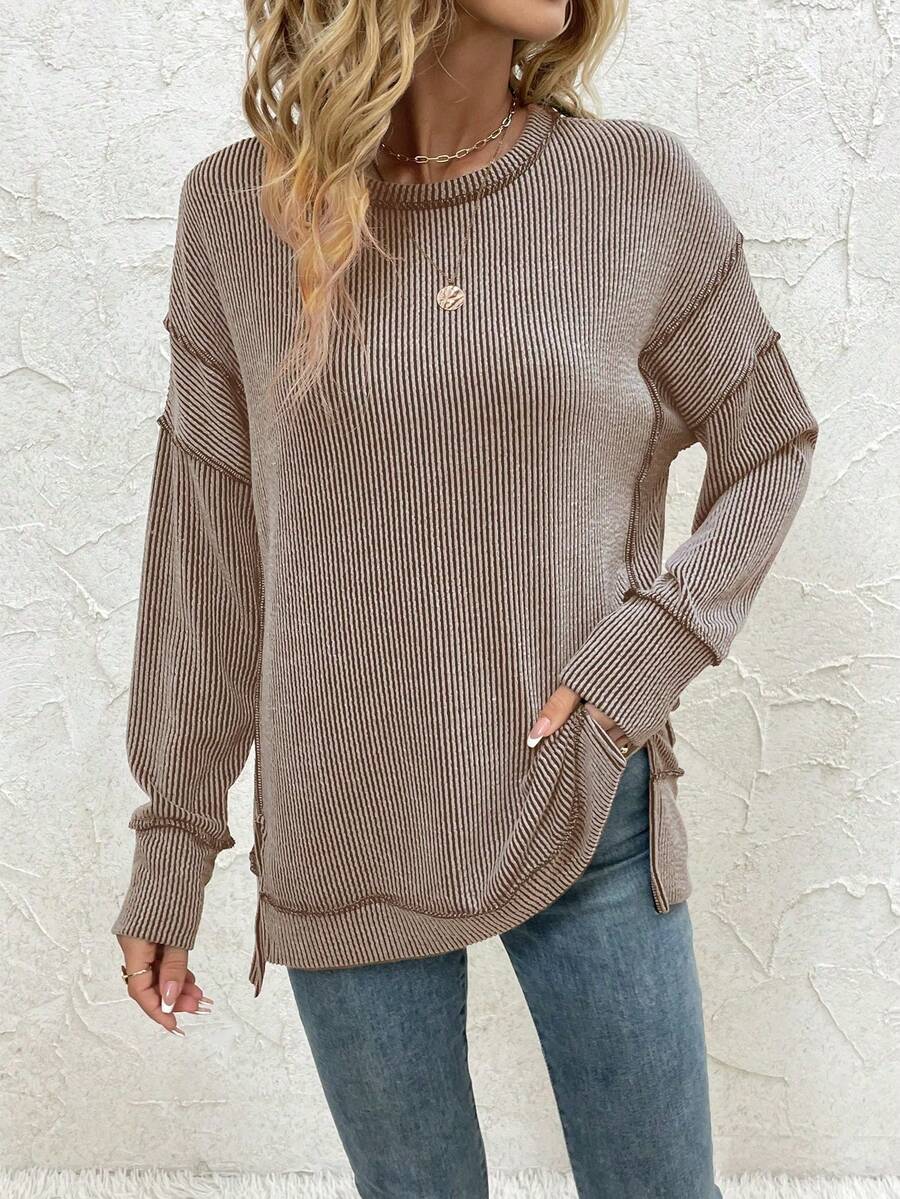 Women Long Sleeve Shirts Fall Ribbed Loose Fit Oversized Sweatshirts Casual Side Slit Tunic Tops - Màu Khaki - Xem 1