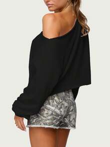 2025 New Women's Off-Shoulder Crop Hoodie - Long Sleeve Oversized Pullover Sweatshirt, Loose Fall Streetwear, Casual Loungewear For Going Out - 黑色 - 查看 3