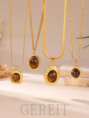 GEREIT 1 st halsband i 18K guld rostfritt stål med tigeröga och sten, för kvinnor, modernt och mångsidigt för vardagsbruk, höst/vinter