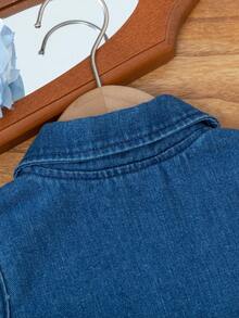 Girls' Blue Washed Denim Dress With Collar, Bronze Buttons And Fashionable Belt, Suitable For Casual Daily Wear - Blue - View 5