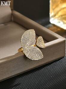 KMT 1pc Copper Inlaid Cubic Zirconia Flower & Leaf Elegant Chic Open Ring, Suitable For Party, Daily Wear, Gift - Gold - View 5
